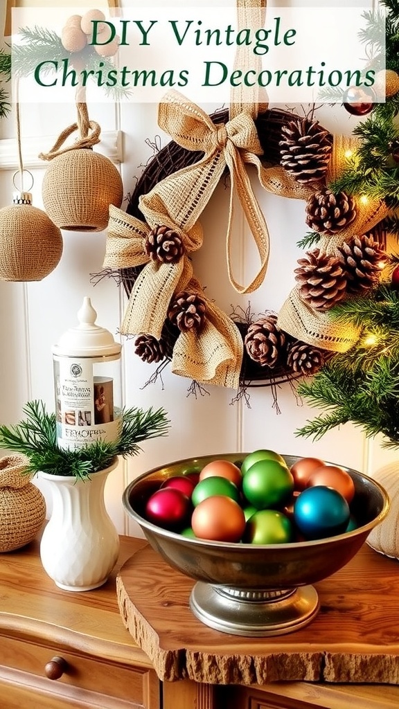 A collection of vintage Christmas decorations including burlap ornaments, a rustic wreath, and a bowl of colorful ornaments on a wooden table.